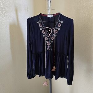 Taylor & Sage BoHo Navy Blue Pullover Blouse